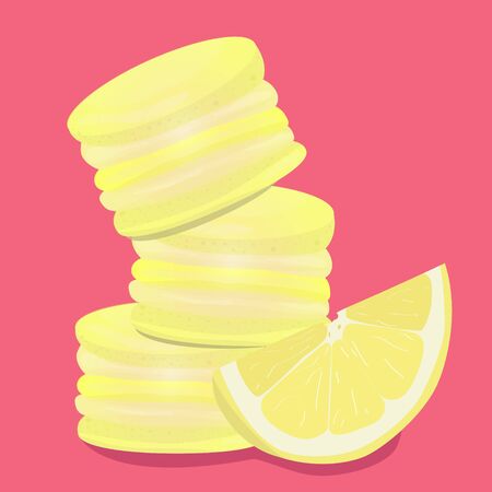 Lemon macaroons. Vector traditional french cookies in cartoon style. Composition of lemon and macaroon isolated on colorful background. Banner with almond cookies.のイラスト素材