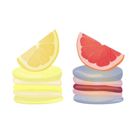 Grapefruit and lemon macaroons Vector traditional french cookies in cartoon style Composition of grapefruit, lemon and macaroon isolated on colorful background Banner with almond cookies.のイラスト素材