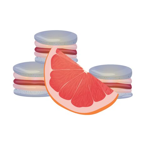 Grapefruit macaroons. Vector traditional french cookies in cartoon style. Composition of grapefruit and macaroon isolated on colorful background. Banner with almond cookies.のイラスト素材