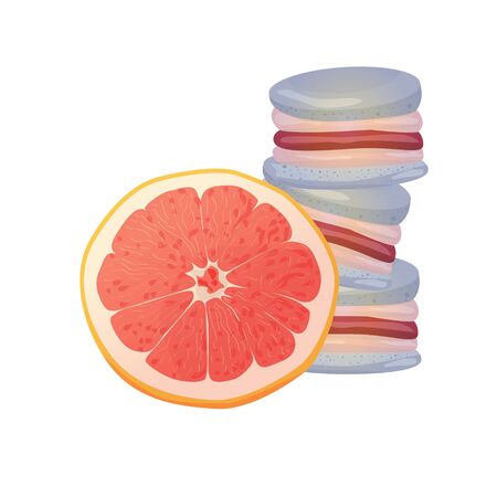 Grapefruit macaroons. Vector traditional french cookies in cartoon style. Composition of grapefruit and macaroon isolated on colorful background. Banner with almond cookies.のイラスト素材