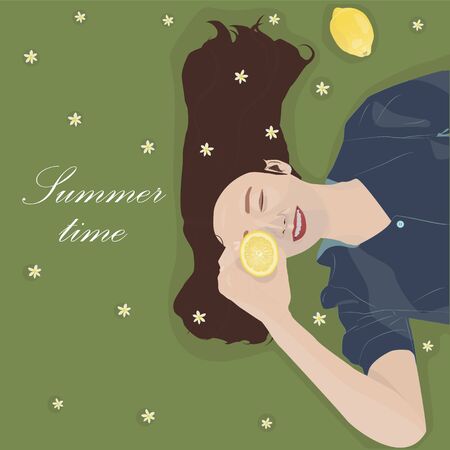 Young girl smiles and holds in her hand a slice of lemon on a flower background Summer timeのイラスト素材