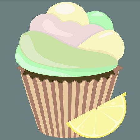 Realistic cupcake. Sweet creamy desserts muffins with lemon, delicious confectionery and baking.のイラスト素材