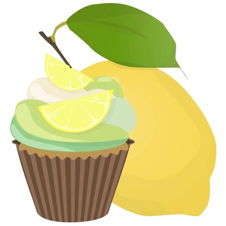 Realistic cupcake. Sweet creamy desserts muffins with lemon, delicious confectionery and baking.のイラスト素材