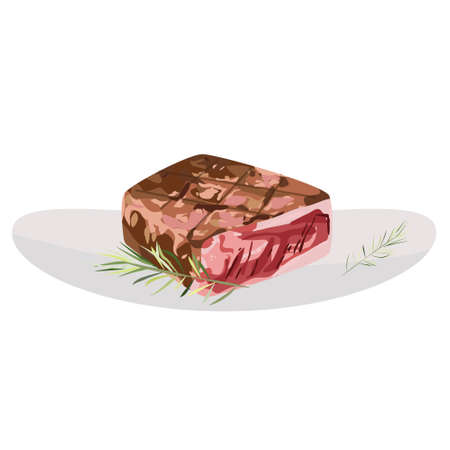 A piece of meat on a white plate with rosemary. Steakのイラスト素材