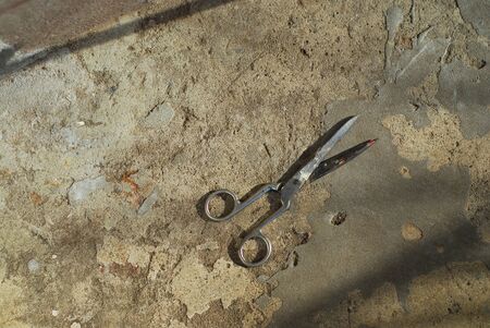 Old Scissors on the textured background. Photo.