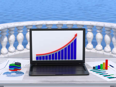 On a table near the sea is a laptop with a chart of statistics growing up. Next to it are 3d chart layouts and statistics sheets. Stock market. Business growth, planning and strategy. 3D Renderの写真素材