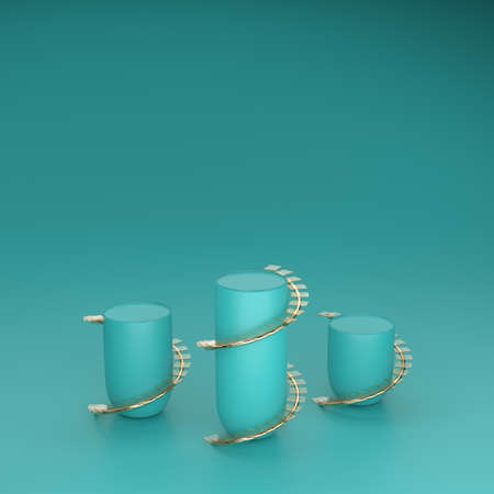 Abstract turquoise podium with stairs made of gold and glass. 3D Rendering