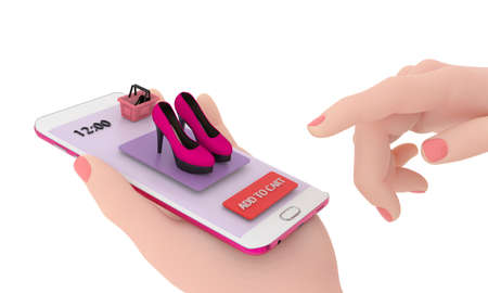The concept of an application for online ordering of women's shoes. Women's hands hold a mobile...