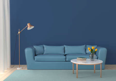 Living room in blue shades with a sofa, a coffee table made of white marble, with a floor lamp. 3D Renderの写真素材