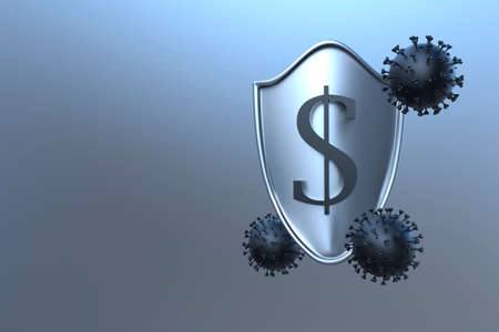 Metal shield with dollar symbol should attack the coronavirus Covid-19. 3D Render