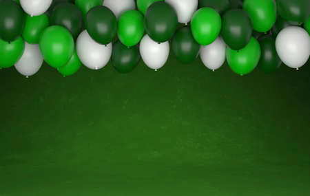 Bright greeting card with balloons for your birthday, St. Patrick's Day. Green illustration. 3D...