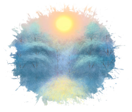 Illustration of a winter watercolor landscape with a snow-covered forest at sunset.の写真素材