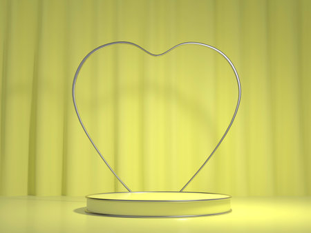 Yellow platform with silver heart decoration for product presentation. 3D Renderの写真素材