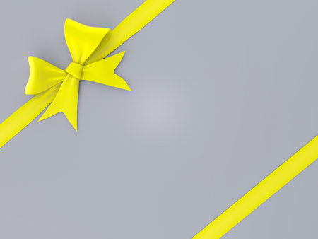 Gray gift background with yellow ribbon tied with a bow. 3D Renderの写真素材