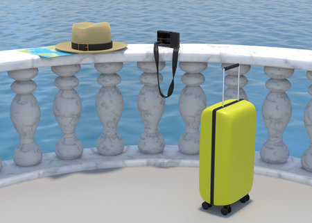 Illustration of the embankment with a white marble fence, a yellow suitcase, a hat, a map and a camera. The concept of travel. 3D Renderの写真素材