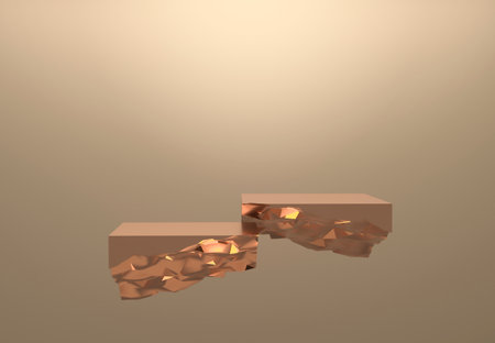 Abstract beige podium for the presentation of the product. Background of two golden stones. Levitation of the pedestal. 3D Renderの写真素材