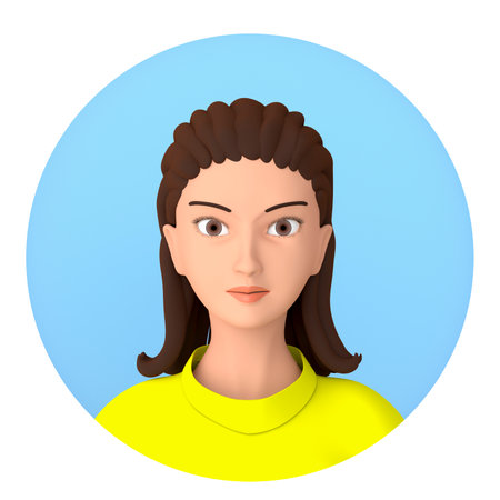 Illustration of a female avatar. A girl in yellow clothes, a brunette, with brown eyes. 3D Renderの写真素材