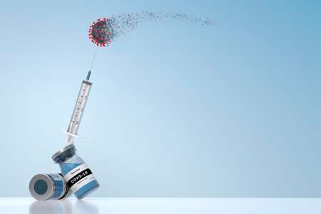 Illustration of the balance of a bottle with the Sars-CoV-2 coronavirus vaccine, a syringe, and a Covid-19 molecule. A concept on the topic of global vaccination. 3D Render.の写真素材