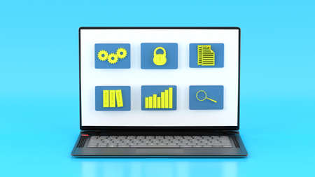 Illustration of document management with icons. Laptop with virtual information symbols. 3D Renderの写真素材