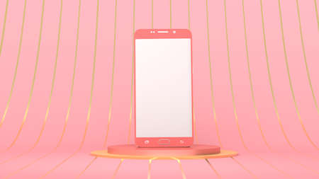 Womens glamorous catwalk with pink mobile phone. Phone screen with a blank space for text. The...