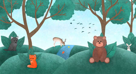 Illustration of childrens wallpaper with forest animals: bear, deer, fox, wolf, hare. Watercolour grunge fairy forestの写真素材