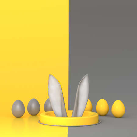 Illustration of rabbit ears with painted eggs for Easter day in a contrasting bright yellow-gray...