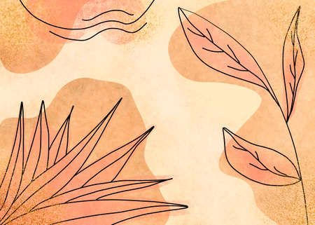 Abstract grunge watercolor background in pink and earth tones with gold glitter in line art style. Luxury wallpaper with flowers and watercolor spots. Minimal design for packaging, printsの写真素材