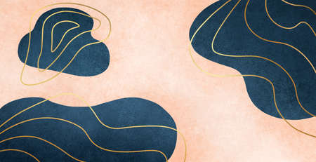 Abstract orange vintage pink background with organic blue shapes and gold linesの写真素材