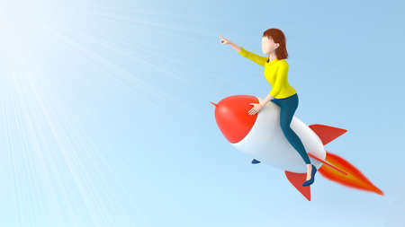 The girl is flying on a rocket and points towards the sun. The concept of a startup and innovation. 3D Render.の写真素材