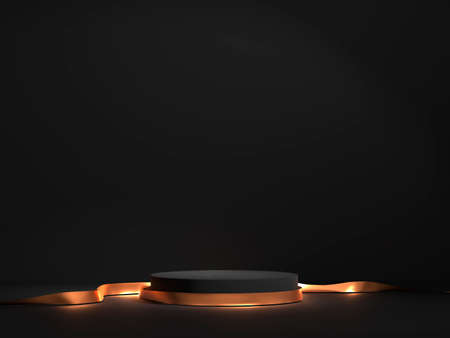 Elegant black catwalk for the product. A pedestal with a gold ribbon. 3D Render.
