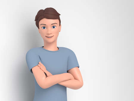 Happy positive smiling guy on the background of a gray wall. Illustration of a cartoon male...