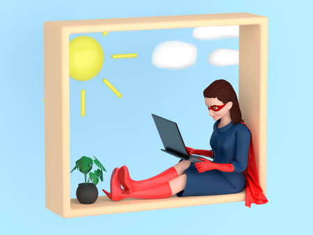 Freelancer super woman sits on the window of the house and works at the computer. The concept of a strong woman working at home. 3D Renderの写真素材