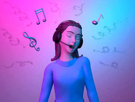 A romantic singing beautiful girl. The woman's character gets pleasure from the song. Sheet music and neon lighting in the illustration. Singer's concert, karaoke, night club. 3D render.の写真素材