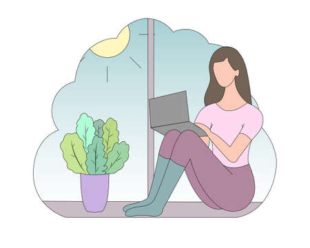 A freelance girl or a student is sitting at home on the window sill with a laptop. The concept of a home office or online training. Vector.のイラスト素材