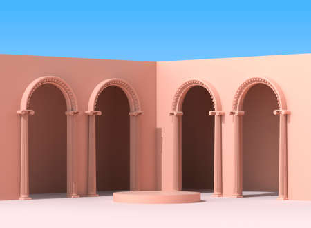 Podium with antique terracotta arches. A pedestal with columns on the background of a clear blue...