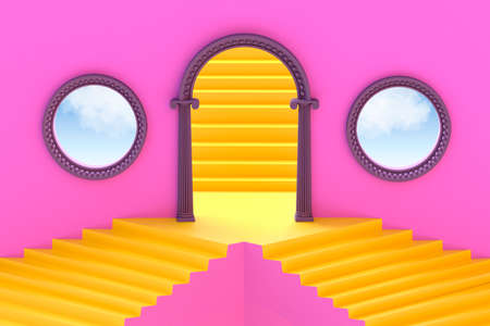 Abstract bright podium made of stairs with an antique arch and windows. Interior illustration in pink, purple and yellow colors. 3D Renderの写真素材