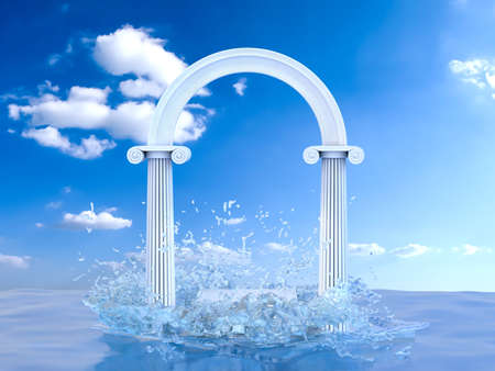 An abstract podium with an antique arch and the splash of water. A pedestal in the sea. A natural platform in nature. 3D Renderの写真素材