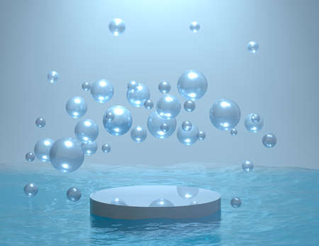 A platform with bubbles. Blue podium in beautiful water. The pedestal is like in an underwater cave....