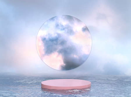 Abstract podium in the water. A stone platform on the background of a window with clouds. An illustration of an arch in nature. 3D renderの写真素材