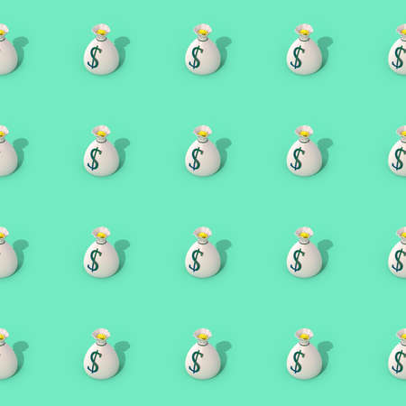 Seamless pattern with bag and money. Coins in a bag on a turquoise background. 3D Render