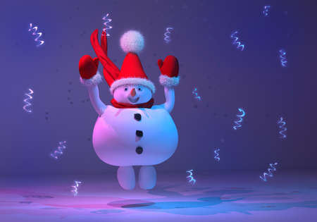 A cheerful happy cartoon character of a snowman rejoices and jumps at a party among falling...
