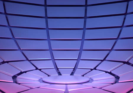 Futuristic podium in neon light in geometric shapes. Creative platform in pink, purple and blue. 3D Renderの写真素材