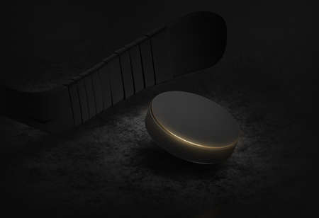 Black and gold illustration of a hockey puck and stick on ice. 3D Renderの写真素材