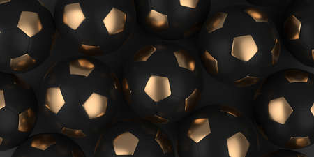 Banner with black and gold soccer balls. Black elegant background. The concept of sports - football....