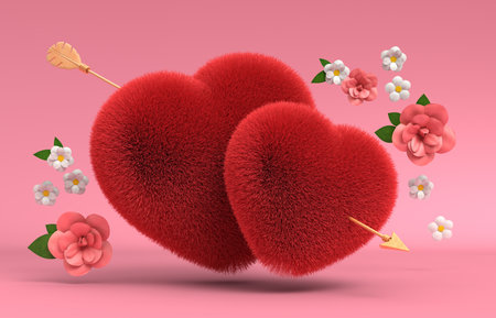 Red fur hearts with a golden arrow as a symbol of lovers. Valentines card for the Valentines Day holiday. 3D Renderの写真素材