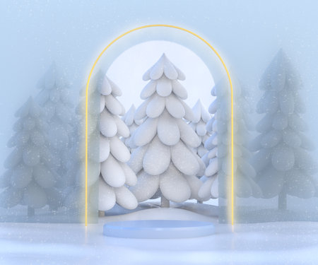 Winter snow-covered landscape with a podium and trees behind frosted glass. Golden arch over the pedestal. 3D Renderの写真素材
