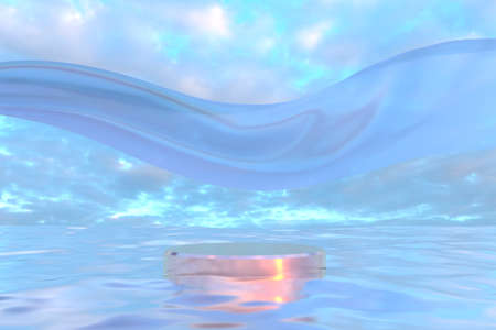 A romantic pedestal on the water against the background of the evening sky. A metal podium with a...