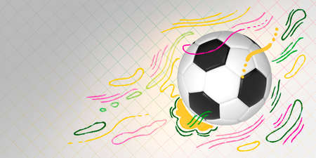 Abstract banner of a realistic soccer ball with painted splashes of paint symbolizing movement. Illustration collage in graffiti style. 3D Renderの写真素材