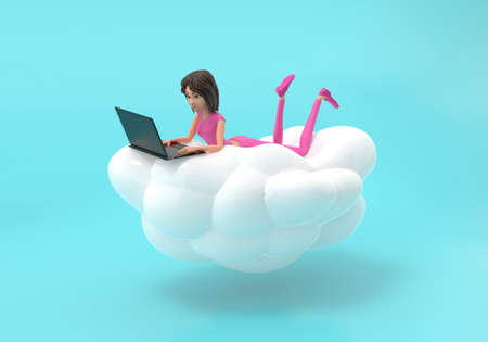 The girl is lying on a cloud with a laptop. The concept of remote work, online education,...