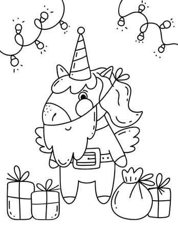 Christmas coloring book page. Unicorn coloring book page.の写真素材